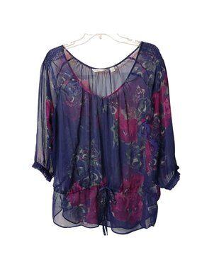New York & Co Womens XL Sheer Floral Blouse Purple 3/4 Sleeve Drawstring *D-17